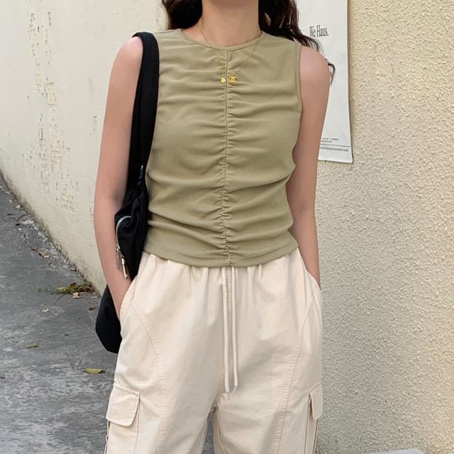 Bolgivy-Plain Ruched Neck Tank Top
