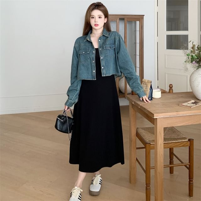 Black Midi Dress With Denim Jacket CULLIGEN Spaghetti Strap Plain