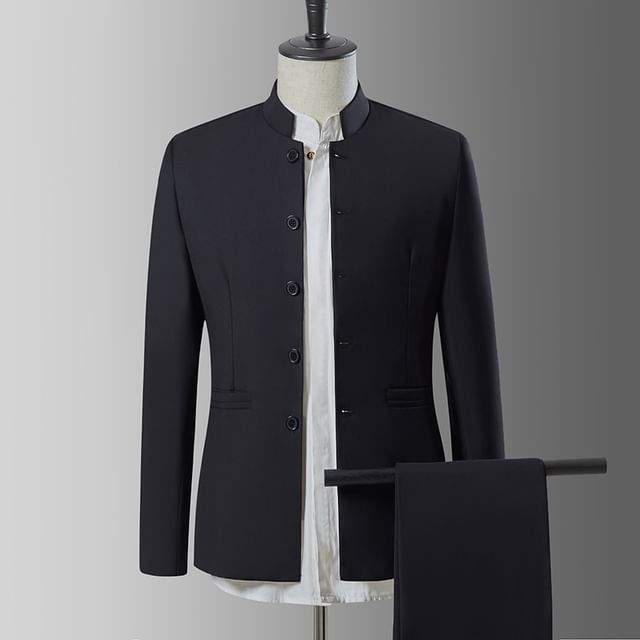 Ninine-Set Mandarin Collar Plain Single-Breasted Blazer Mid Rise Tapered Dress Pants