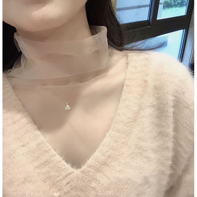 Essere-Long-Sleeve Mock Neck Plain Sheer Top