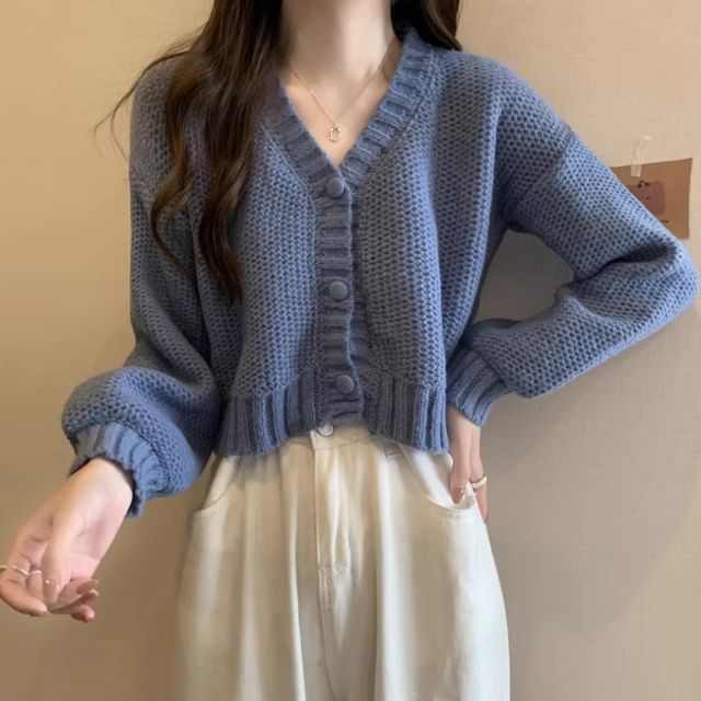 Shinsei-V-Neck Button-Up Plain Crop Cardigan