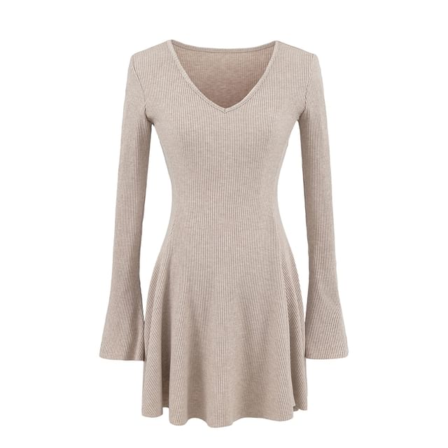 Ulark-Long Sleeve V-Neck Plain Mini A-Line Dress