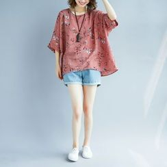 Taragon - Floral Print Elbow-Sleeve Chiffon T-Shirt