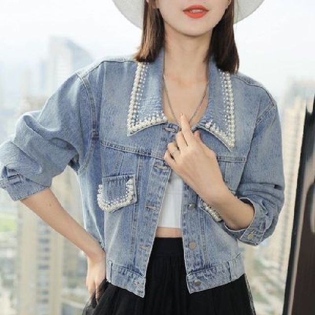 Qestova - Faux Pearl Denim Jacket 