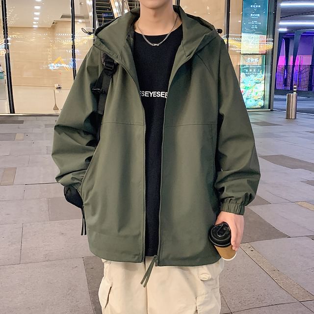 Obikan-Stand Collar Plain Hood Zip Jacket