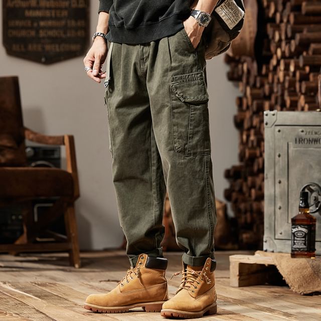 Nataro-Mid Rise Plain Straight Leg Cargo Pants