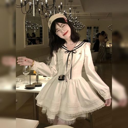 【TUOMIO】SAILOR COLLAR ZIP-UP & RIBBON MINI MESH DRESS Autuna - Long Sleeve Sailor Collar Bow Striped Frill Panel