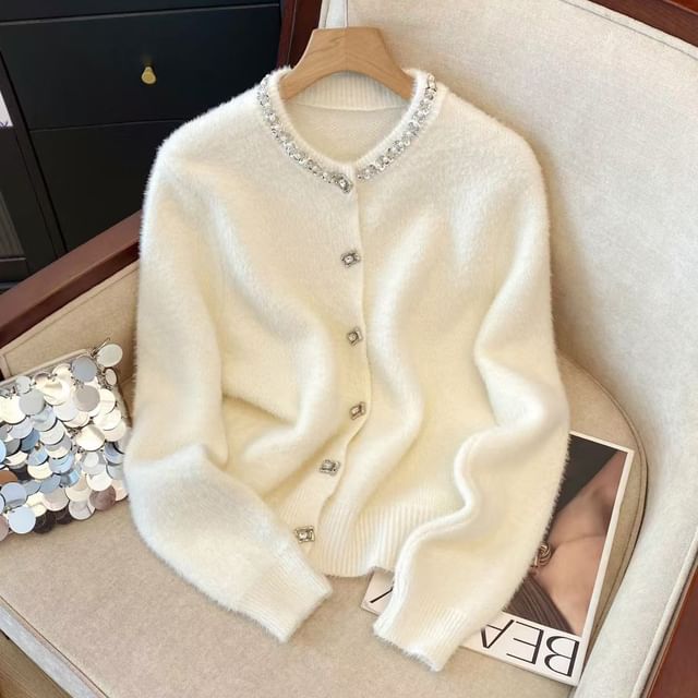 Dute-Round Neck Rhinestone Plain Button Up Cardigan