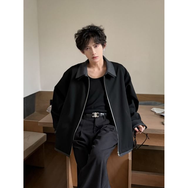 Orungeetun-Plain Contrast Trim Zip Jacket