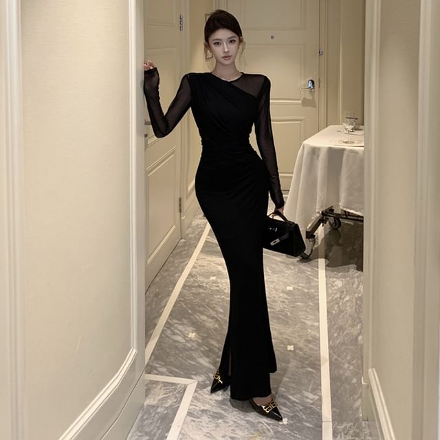 Dinse - Long-Sleeve Crew Neck Plain Mesh Panel Maxi Sheath Dress | YesStyle