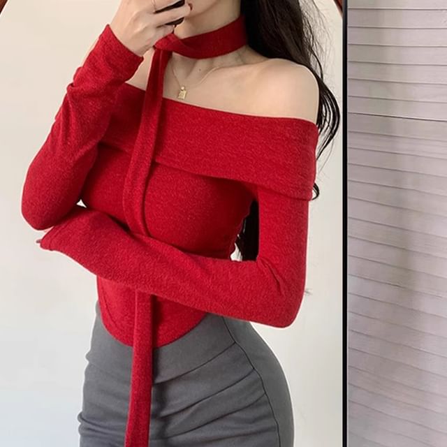 Allinya-Long-Sleeve Off Shoulder Plain Knit Top