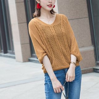Everose-V-Neck Pointelle Cable Knit Sweater