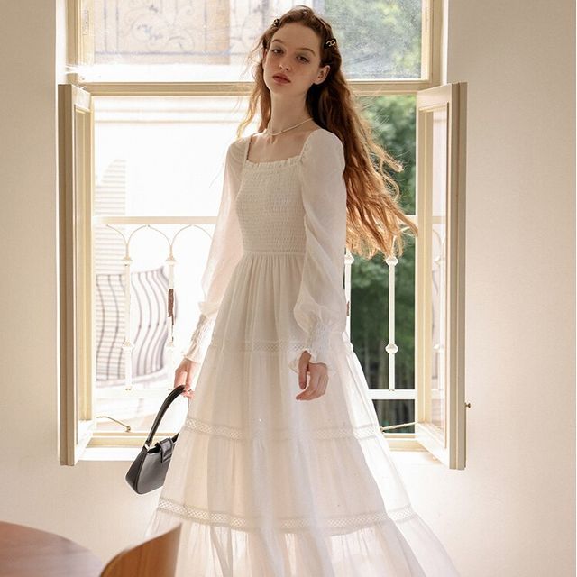 chinese dress ladies Long Sleeve Square Neck Shirred Maxi Dress  Gibsonlook