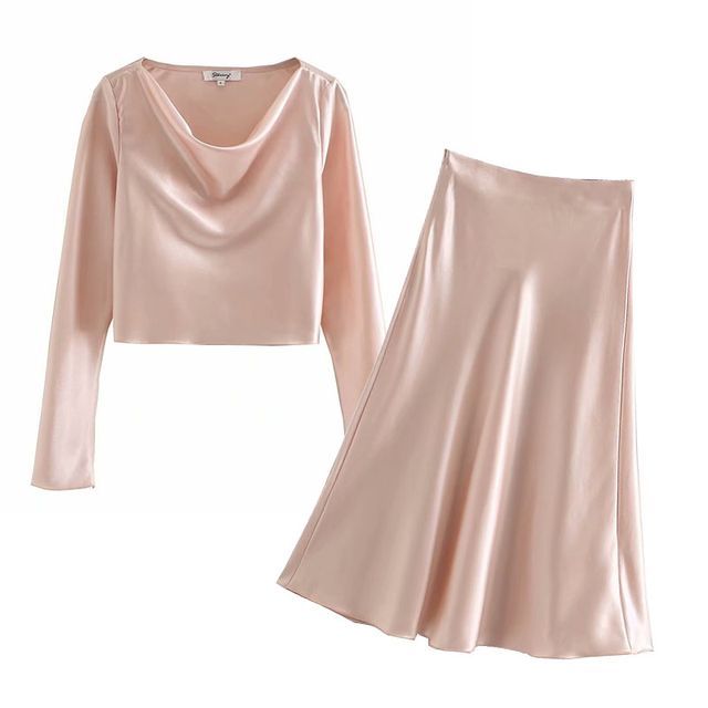 Ulark-Set Silky Blouse Midi A-Line Skirt