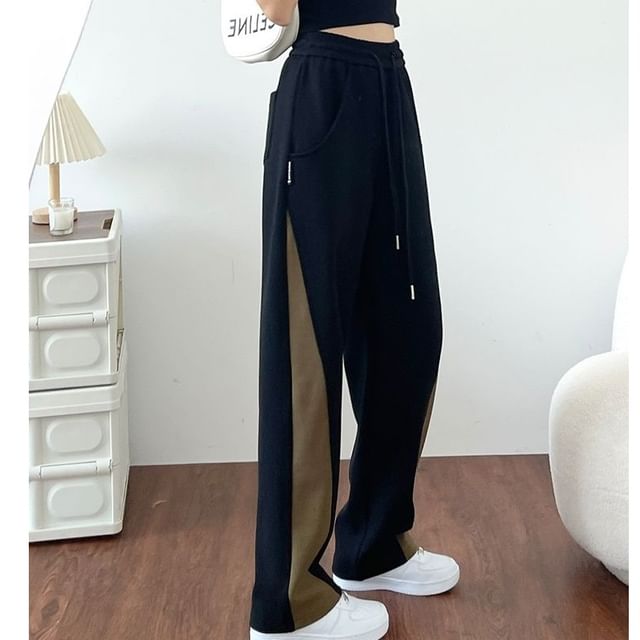 Dovitade-Drawstring Waist Two Tone Panel Straight Leg Sweatpants