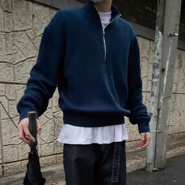 Okwano-Mock Neck Plain Ribbed Half-Zip Sweater