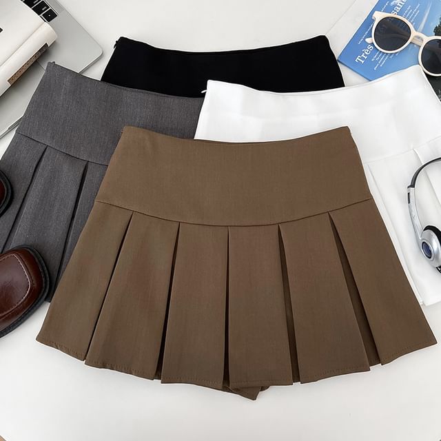 DIYI-High Waist Plain Pleated Mini A-Line Skort