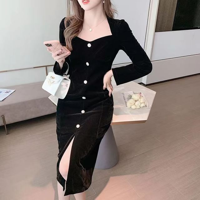 Everose-Long-Sleeve Square Neck Plain Button Midi Sheath Dress