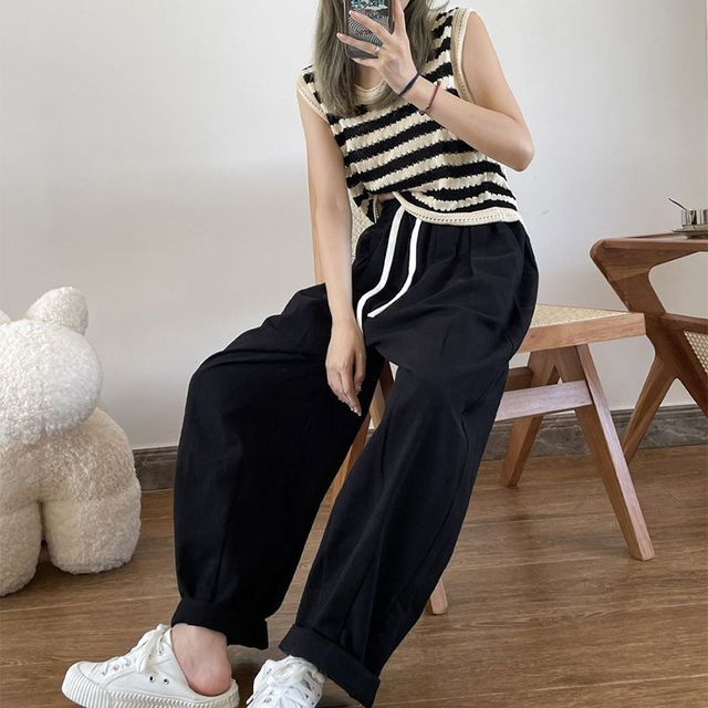 Everose-Drawstring Plain Wide Leg Pants