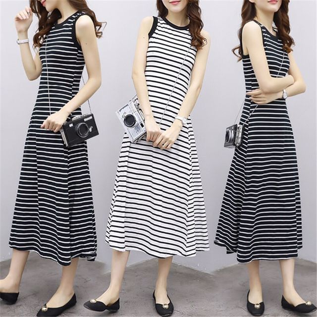 Hevnir-Crew Neck Striped Midi A-Line Tank Dress