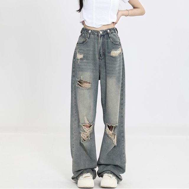 Mushini - High Waist Loose Fit Ripped Washed Jeans