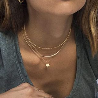 Gold Layered Triangle, Bar, and Disc Necklace