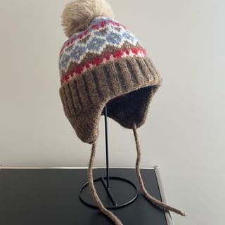 TAAK-Jacquard Pom Pom Knit Trapper Hat