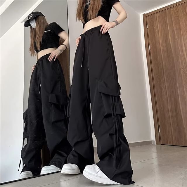 Dovitade-High Waist Plain Drawstring Wide Leg Cargo Pants