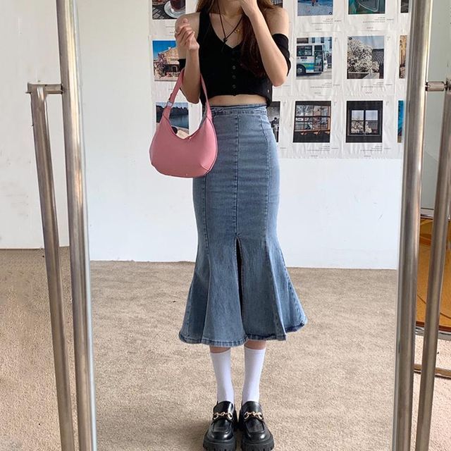 Nine Tails Ruffle Hem Denim Midi Pencil Skirt YesStyle