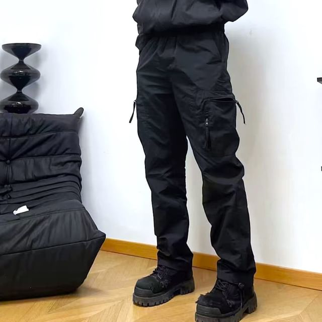 Naideth-High Waist Cinched Plain Cargo Pants