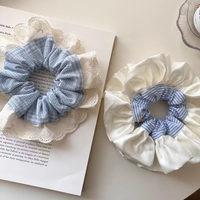 Ordinario-Plaid Lace Trim Scrunchie Striped Scrunchie