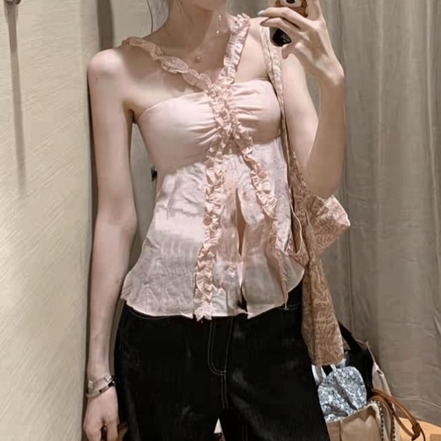 monroll-Halter Plain Ruffle Trim Slit Camisole Top