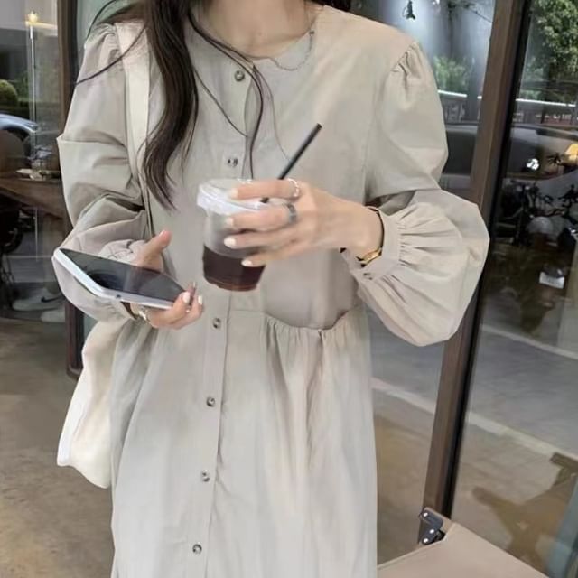 Acoustic Rain-Long Sleeve Round Neck Plain Pocket Button Maxi A-Line Dress