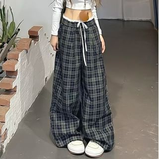 evanesce-Drawstring Waist Plaid Wide Leg Pants