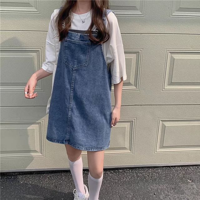 denim jumper dress Lewwe - Washed Midi Adjustable D FYI Fringe Tie Strap Denim