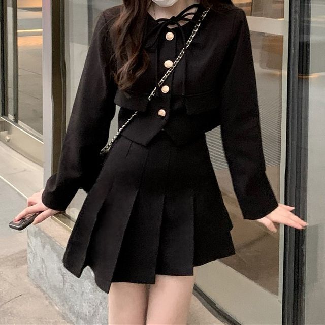 Avox - Long-Sleeve Plain Cropped Jacket / Pleated A-Line Mini