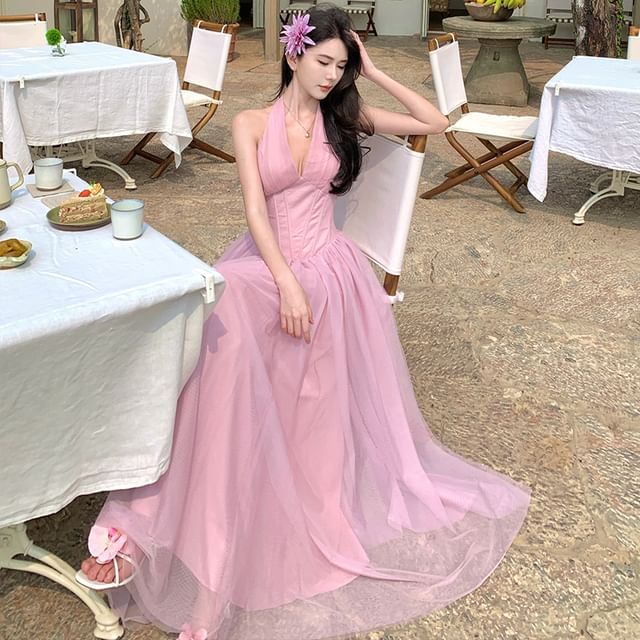 JIYON-Halter Plain Panel Mesh Maxi A-Line Dress
