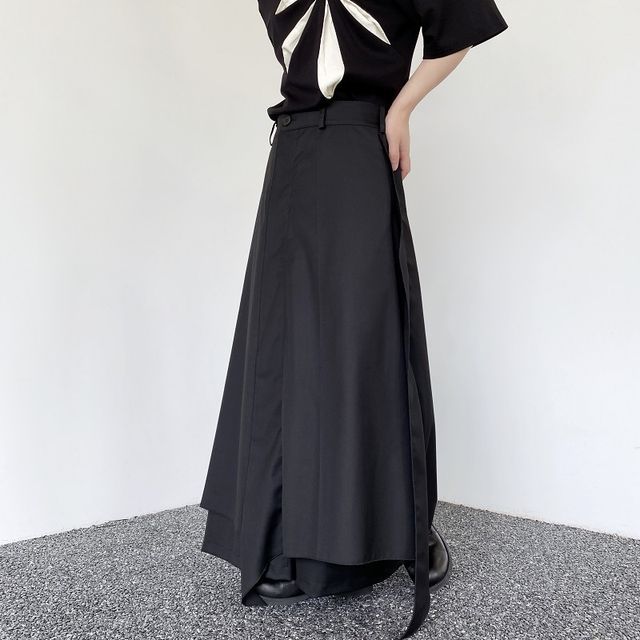 Omozando-Mid Rise Plain Asymmetrical Wide Leg Pants