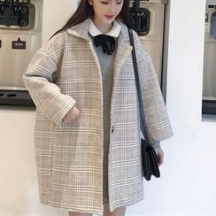 Rhodo - Plaid Single-Breasted Coat / Long-Sleeve Collared Knit Dress