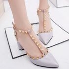 Aneka - Studded T-bar Faux Leather Block Heel Pumps