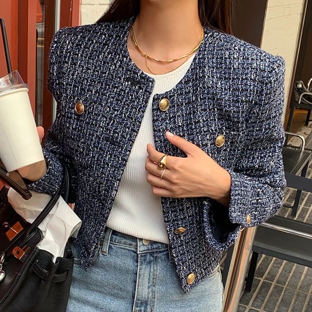 Coris-Round Neck Tweed Button Jacket