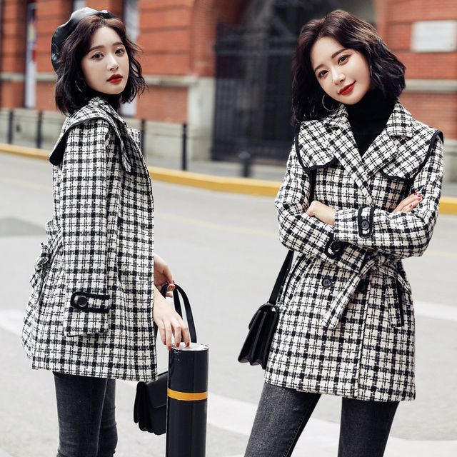 Estacion - Double Breasted Plaid Trench Coat | YesStyle Estacion - Double Breasted Plaid Trench Coat | YesStyle