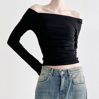 BrickBlack Long Sleeve Off Shoulder Plain Crop Slim Fit T Shirt
