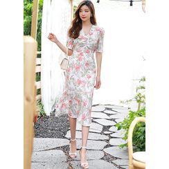 Styleonme - Ruffle-Hem Floral Long Chiffon Dress Styleonme - Ruffle-Hem Floral Long Chiffon Dress