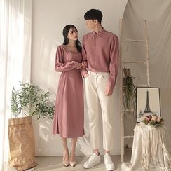 NoonSun - Couple Matching Puff-Sleeve Midi A-Line Dress / Shirt / Straight Leg Pants