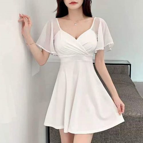 Short-Sleeve V-Neck Plain Sheer Panel Mini A-Line Dress