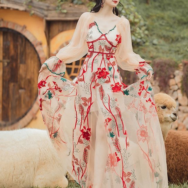 French Village - Puff-Sleeve Cold-Shoulder Flower Embroidered Maxi