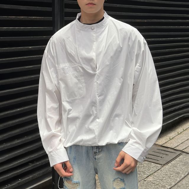 DragonRoad-Long-Sleeve Stand Collar Plain Shirt