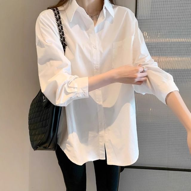 Cloud Nine-Drop Shoulder Lapel Collar Plain Oversized Shirt