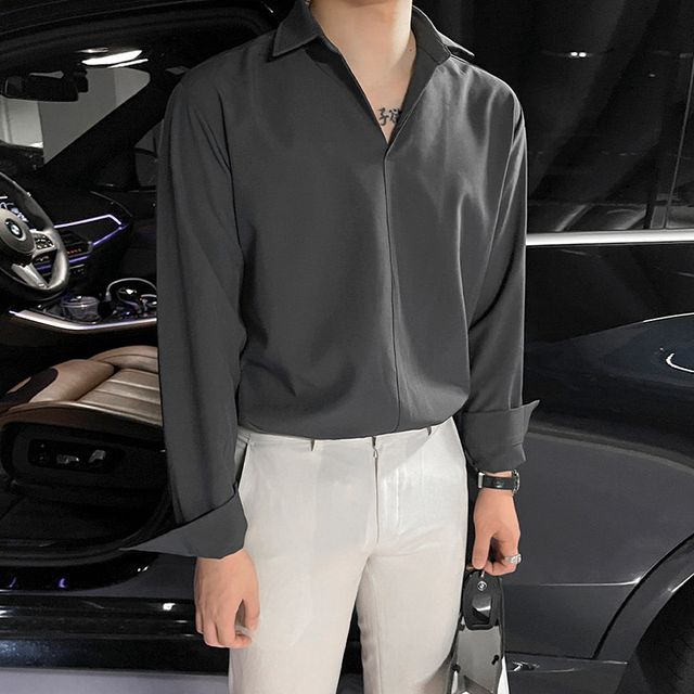 Omozando-Long-Sleeve Plain Shirt